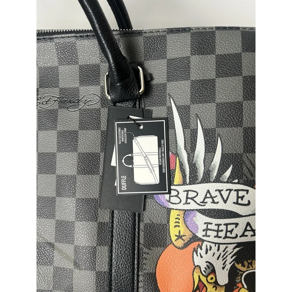 Ed Hardy Checked Duffle Weekender Travel Bag 'Brave Hearts Stay True'